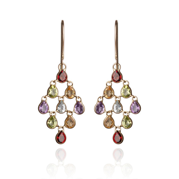 Multi Coloured Natural Gemstone Chandelier Earrings in 9K Yellow Gold