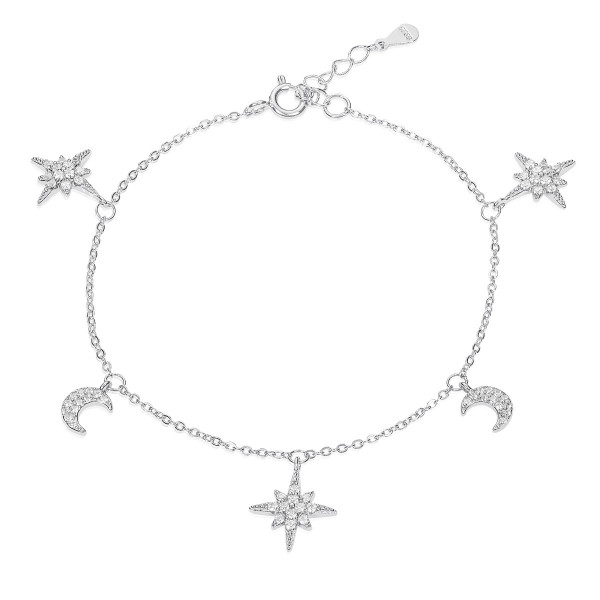 925 Sterling Silver Moon and Star Charm Bracelet with Sparkling Cubic Zirconia