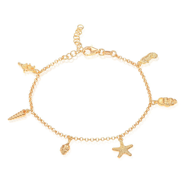 Gold Plated Sterling Silver Bracelet With Starfish, Shells, Seahorse and Coral Charms