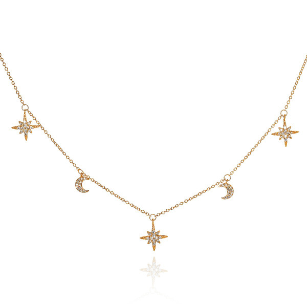 Gold Plated Sterling Silver Moon and Star Charm Necklace with Sparkling Cubic Zirconia 