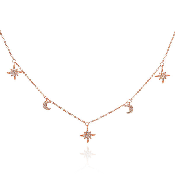 Rose Gold Plated Sterling Silver Moon and Star Charm Necklace with Cubic Zirconia 