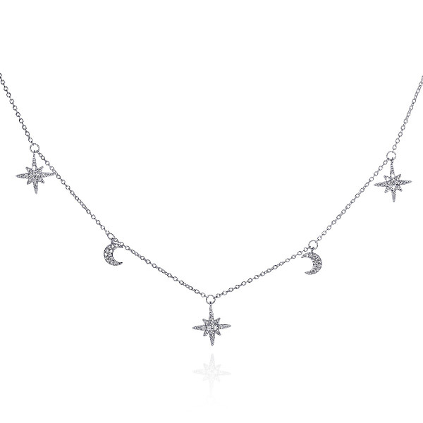 925 Sterling Silver Moon and Star Charm Necklace with Sparkling Cubic Zirconia 