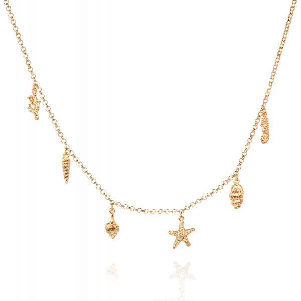 Gold Plated Sterling Silver Necklace With Starfish, Shells, Seahorse and Coral Charms