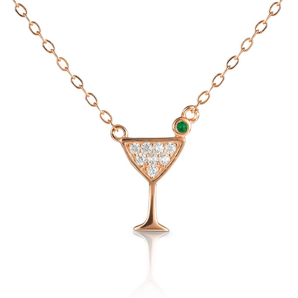 Rose Gold Plated Sterling Silver COCKTAILS GLASS Pendant Necklace with Cubic Zirconia