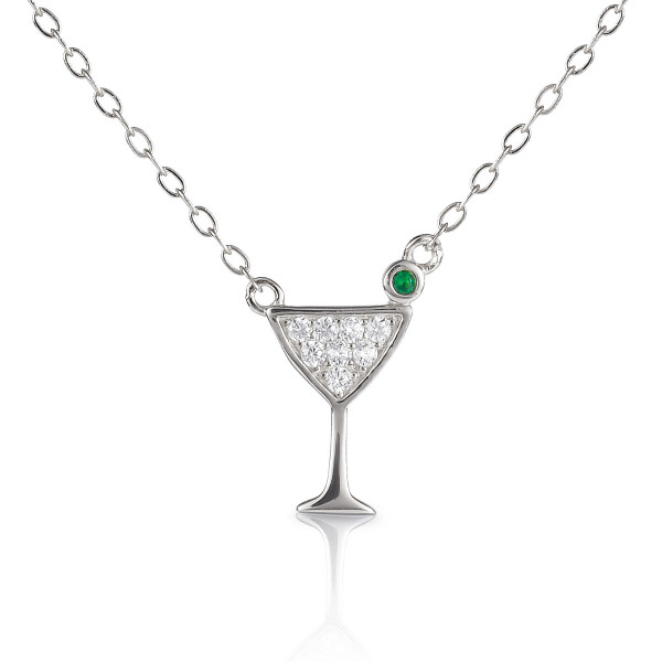 Sterling Silver COCKTAIL GLASS Pendant Necklace with Cubic Zirconia