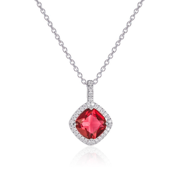 Sterling Silver Cushion Shaped Red Pendant Necklace