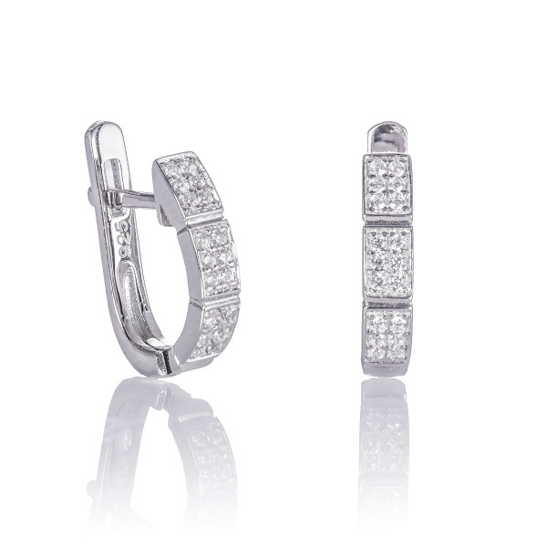 Sterling Silver Chequered Huggie Hoop Earrings with Cubic Zirconia Stones