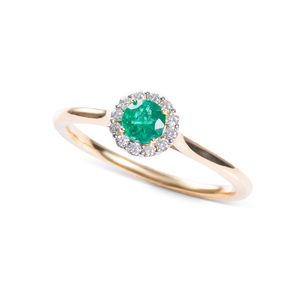 Emerald Ring 0.32ct Round Emerald & 0.09ct Diamonds 9K Yellow Gold