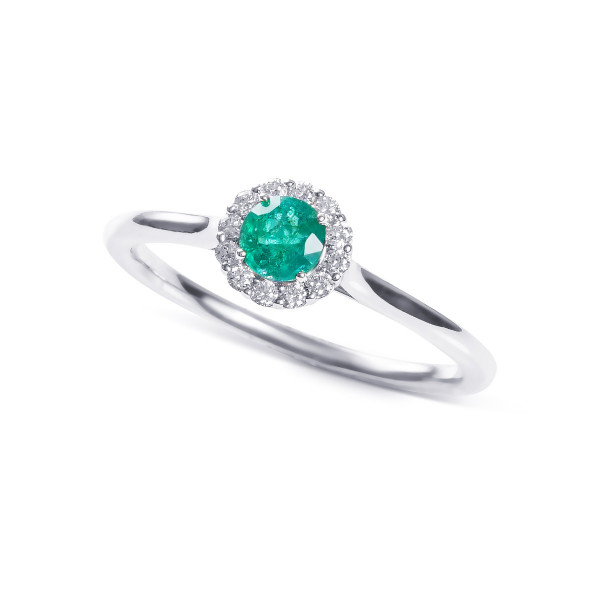 Emerald Ring 0.32ct Round Emerald & 0.09ct Diamonds 9K White Gold