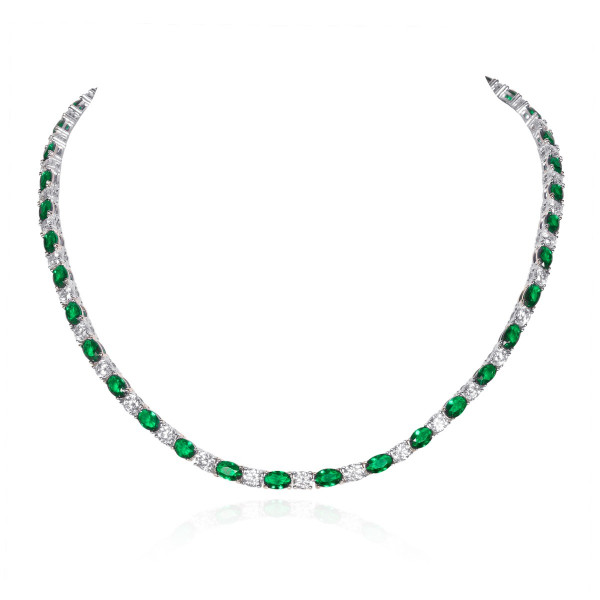 Sterling Silver Tennis Necklace With Green & White Cubic Zirconia