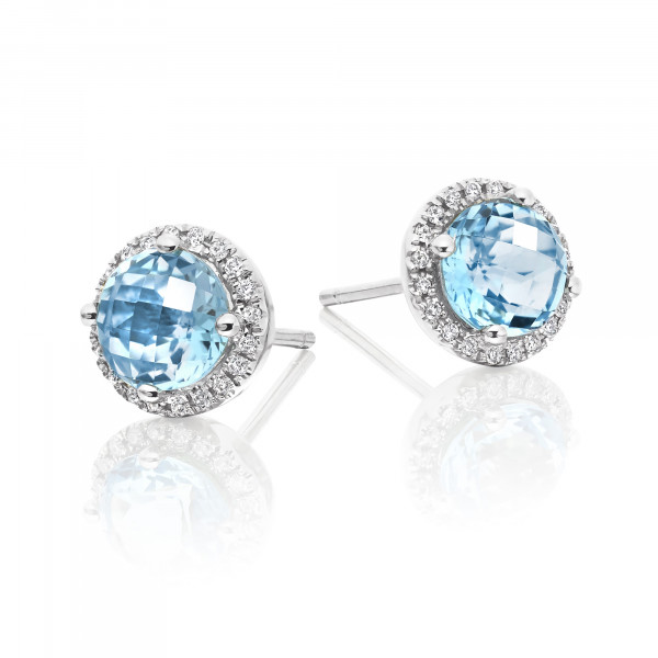 2.00ct Blue Topaz And 0.12ct Diamond Stud Earrings In 18K White Gold