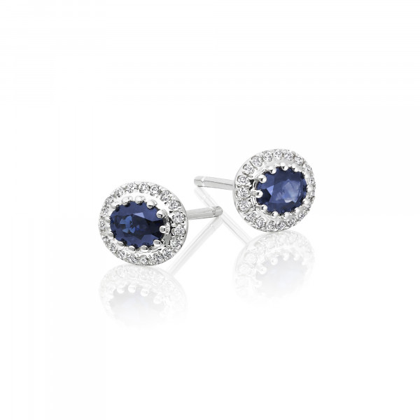 0.65ct Oval Sapphire Earrings with Diamond Halo 9K White Gold