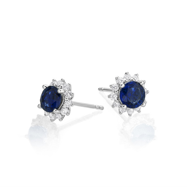 Round Sapphire Stud Earrings with 0.24ct Diamond Halo 9K White Gold