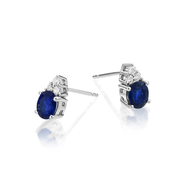 Oval Sapphire Stud Earrings with 0.10ct Diamonds 9K White Gold