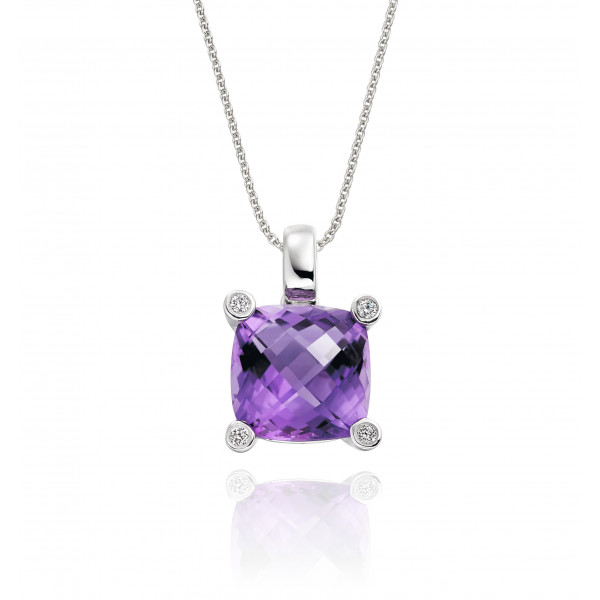 3.25ct Cushion Amethyst With 0.03ct Diamond Pendant In 9K White Gold