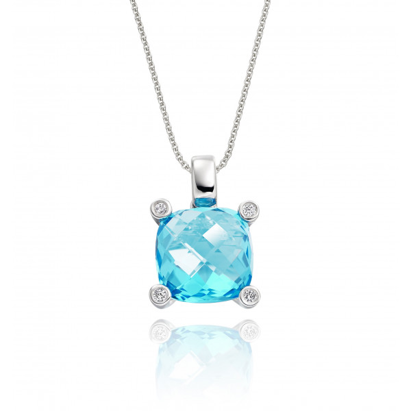 4.05ct Cushion Blue Topaz With 0.03ct Diamond Pendant In 9K White Gold