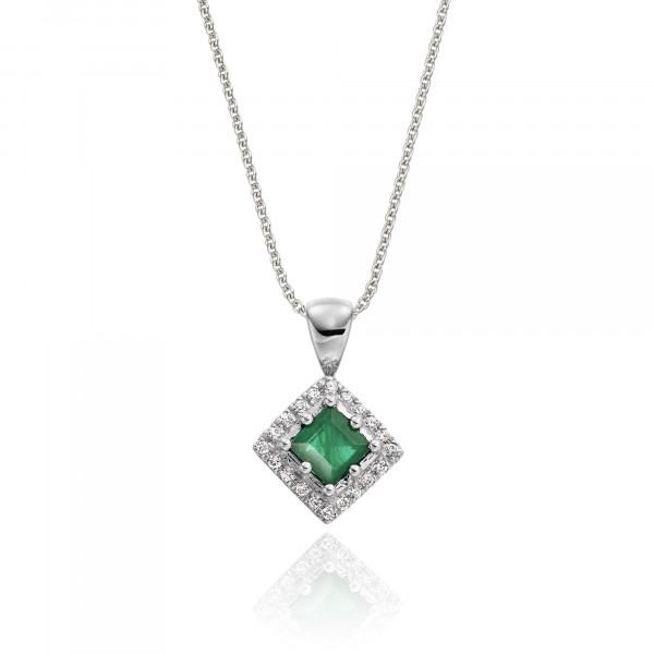 0.27ct Emerald Pendant Necklace 0.06ct Diamond 9K White Gold