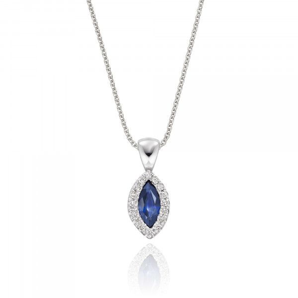 0.35ct Blue Sapphire Pendant Necklace 0.05ct Diamond 9K White Gold