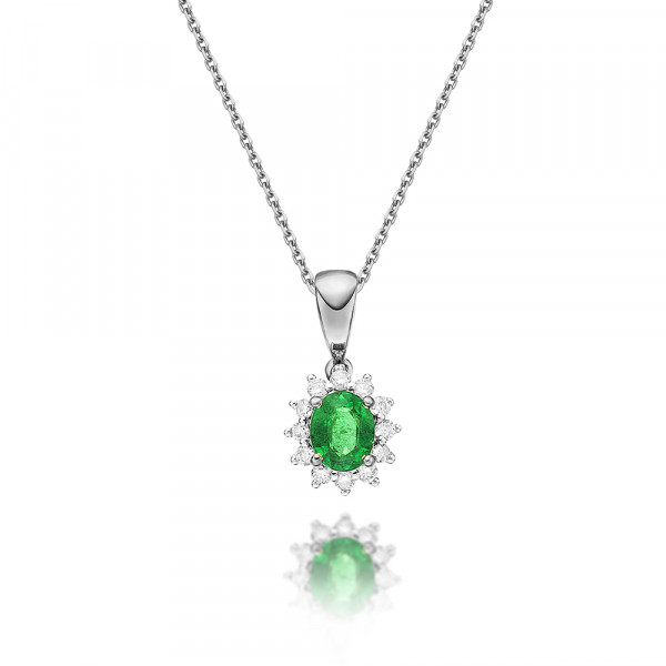 Emerald Pendant Necklace with 0.12ct Diamonds 9K White Gold