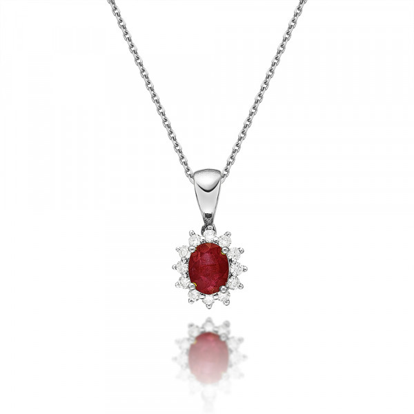 Ruby Pendant Necklace with 0.12ct Diamonds 9K White Gold