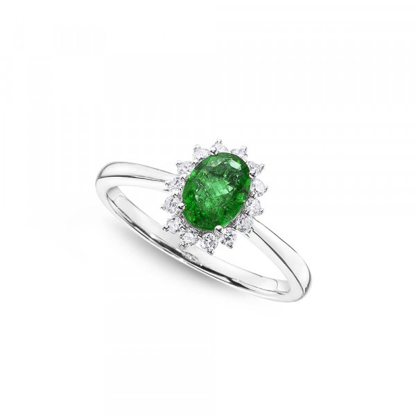 Emerald Ring 5x7mm Oval Emerald & 0.21ct Diamonds in 18K White Gold