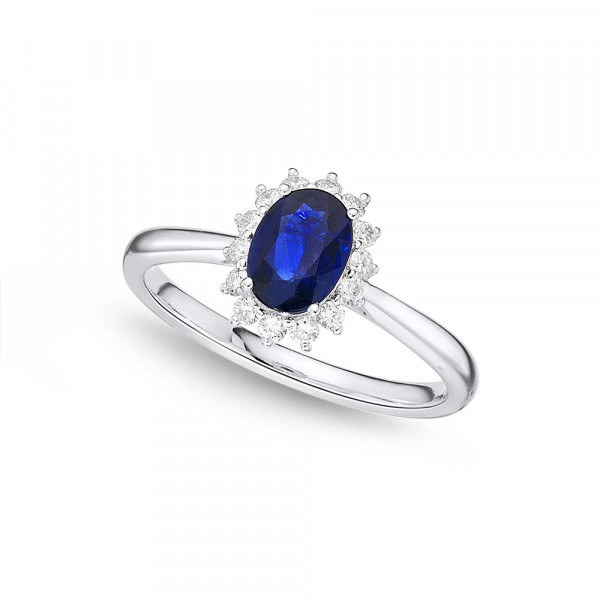 Sapphire Ring 5x7mm Oval Sapphire & 0.21ct Diamonds in 18K White Gold
