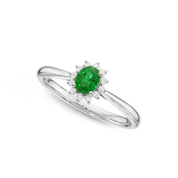 Emerald Ring 4x5mm Oval Emerald & 0.12ct Diamonds in 18K White Gold