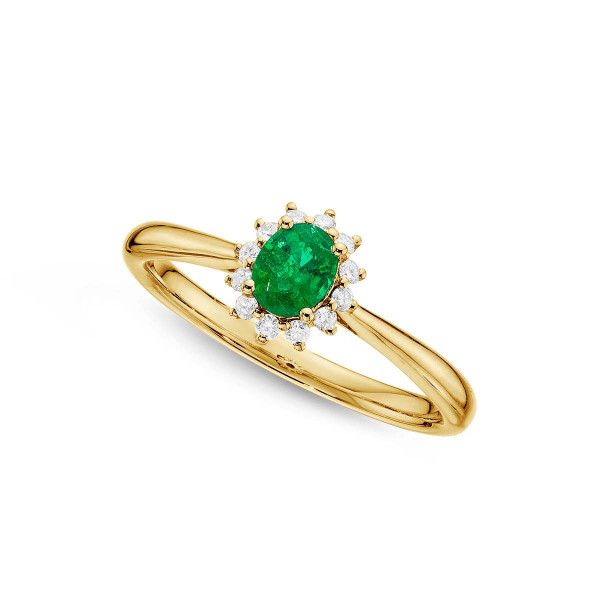 Emerald Ring 4x5mm Oval Emerald & 0.12ct Diamonds in 18K Yellow Gold
