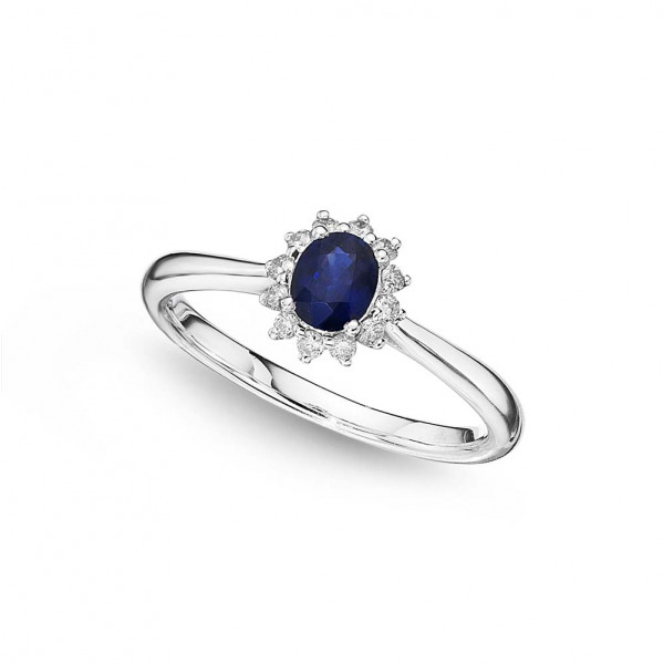 Sapphire Ring 4x5mm Oval Sapphire & 0.12ct Diamonds in 18K White Gold