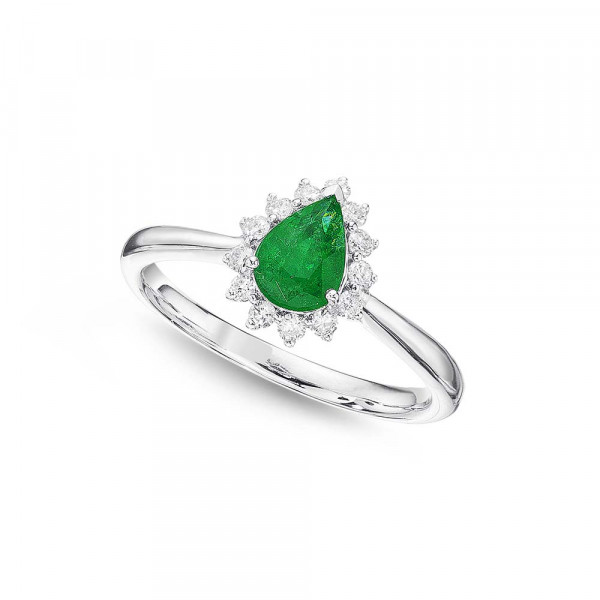 Emerald Ring 5x7mm Pear Emerald & 0.20ct Diamonds in 18K White Gold