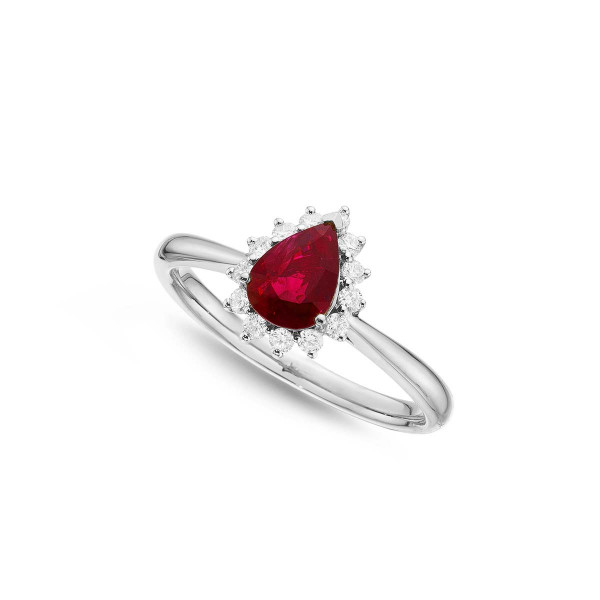Ruby Ring 5x7mm Pear Ruby & 0.20ct Diamonds in 18K White Gold
