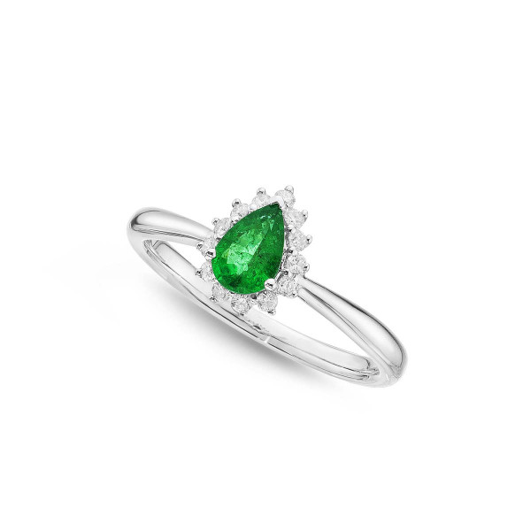 Emerald Ring 4x6mm Pear Emerald & 0.13ct Diamonds in 18K White Gold