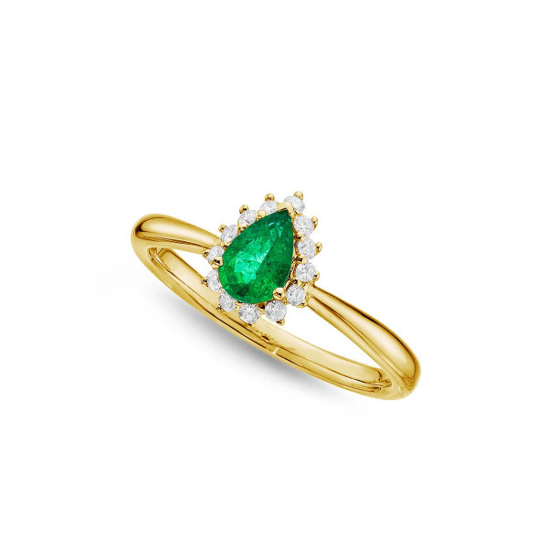 Emerald Ring 4x6mm Pear Emerald & 0.13ct Diamonds in 18K Yellow Gold