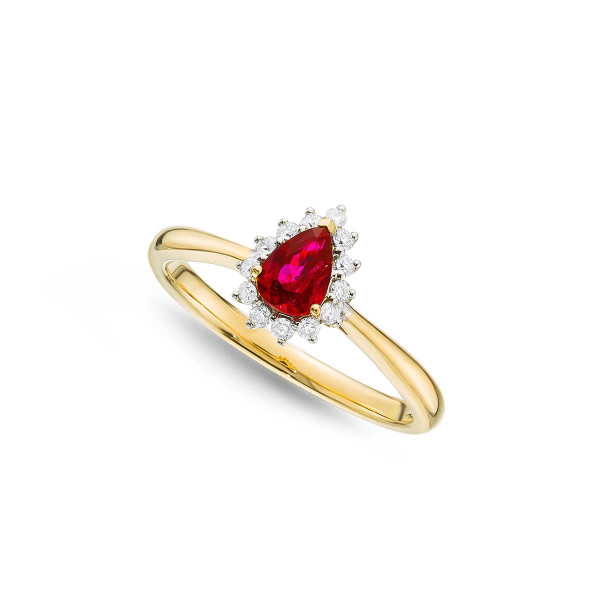 Ruby Ring 4x6mm Pear Ruby & 0.13ct Diamonds in 18K Yellow Gold