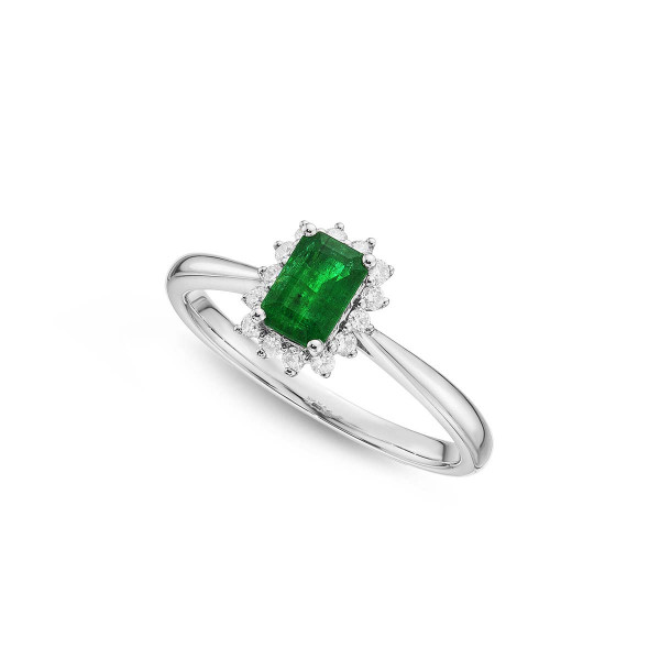 Emerald Ring 4x6mm Emerald & 0.14ct Diamonds in 18K White Gold
