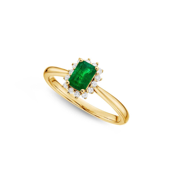 Emerald Ring 4x6mm Emerald & 0.14ct Diamonds in 18K Yellow Gold