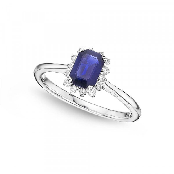 Sapphire Ring 4x6mm Sapphire & 0.14ct Diamonds in 18K White Gold