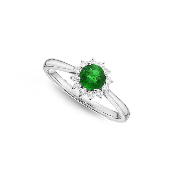 Emerald Ring 5mm Round Emerald & 0.18ct Diamond Halo 18K White Gold