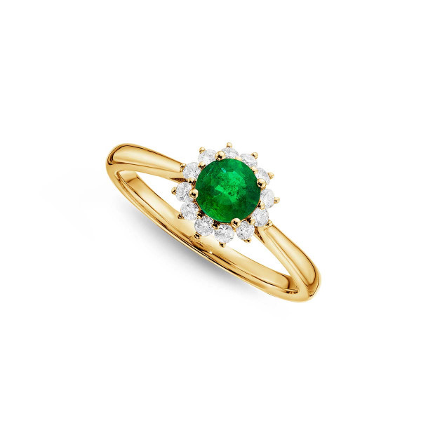 Emerald Ring 5mm Round Emerald & 0.18ct Diamond Halo 18K Yellow Gold