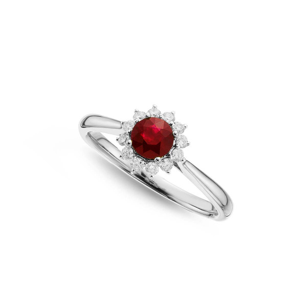 Ruby Ring 5mm Round Ruby & 0.18ct Diamond Halo 18K White Gold