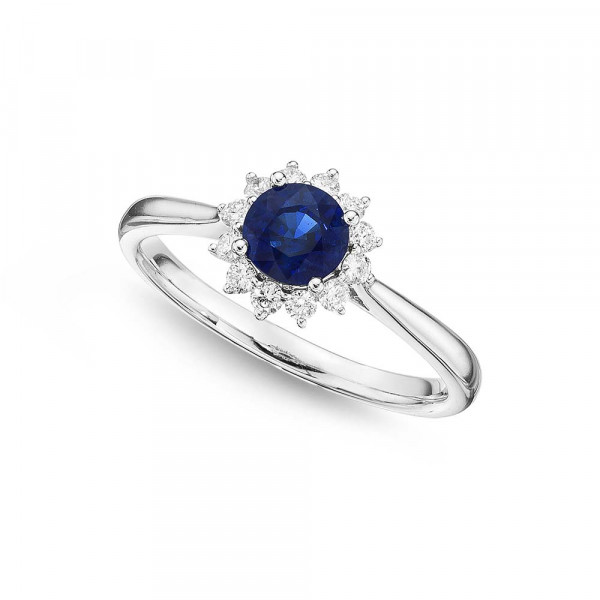 Sapphire Ring 5mm Blue Sapphire & 0.18ct Diamond Halo 18K White Gold