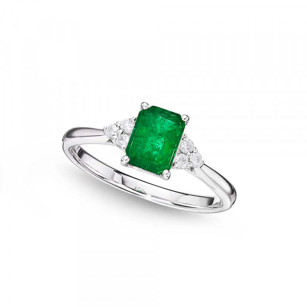 Emerald Ring 5x7mm Octagon Emerald & 0.10ct Diamonds 18K White Gold