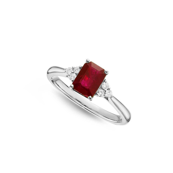 Ruby Ring 5x7mm Octagon Ruby & 0.10ct Diamonds 18K White Gold