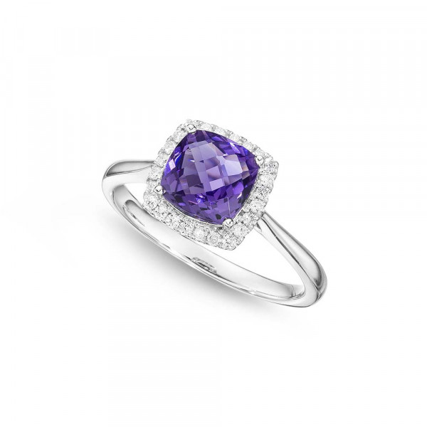 Amethyst Ring 7x7mm Cushion Amethyst 0.15ct Diamonds 18K White Gold