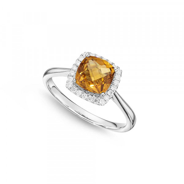 Citrine Ring 7x7mm Cushion Citrine 0.15ct Diamonds 18K White Gold