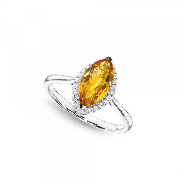 Marquise Citrine Ring 6x12mm Citrine 0.13ct Diamonds 18K White Gold