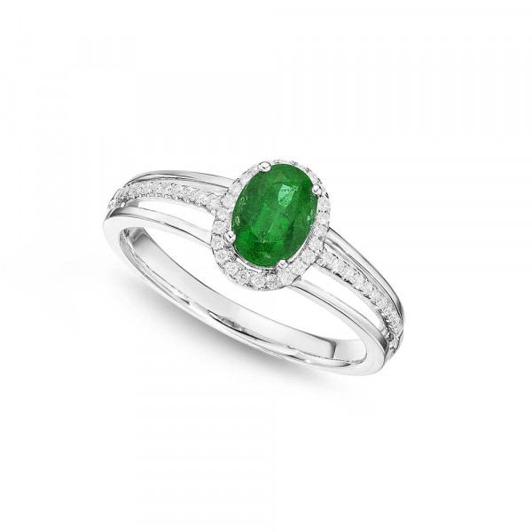 Emerald Ring 5x7mm Oval Emerald & 0.14ct Diamonds in 18K White Gold