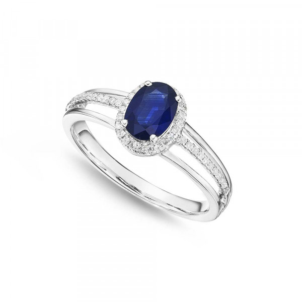 Sapphire Ring 5x7mm Oval Sapphire & 0.14ct Diamonds in 18K White Gold