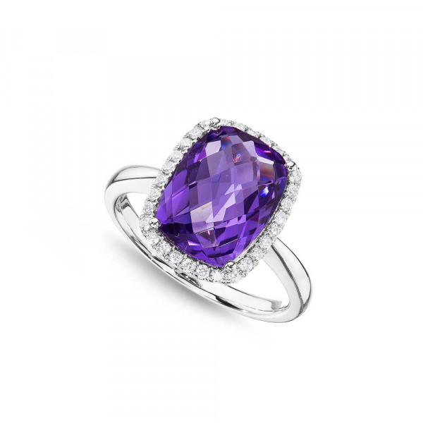 Cushion Amethyst Ring 9x12mm Amethyst & 0.21ct Diamonds 18K White Gold
