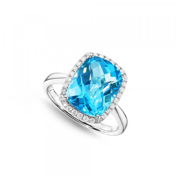 Cushion Blue Topaz Ring 9x12mm Topaz & 0.21ct Diamonds 18K White Gold